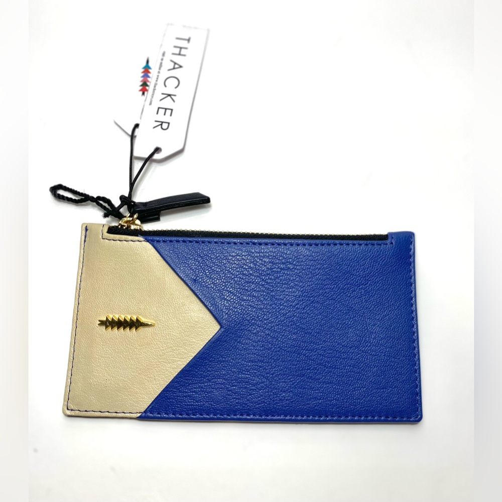 Genuine Leather Wallet Card Case Keyring from Thacker Blue Beige Gold